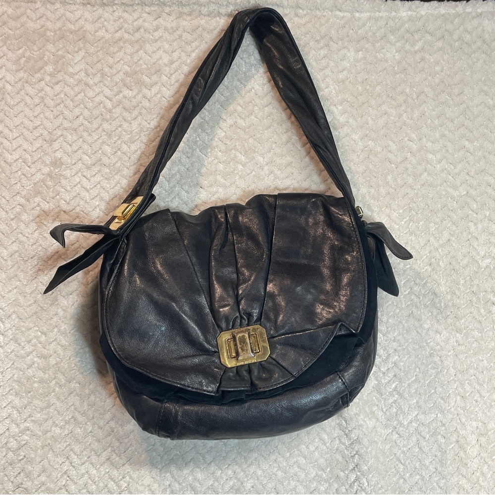 Vintage Juicy Couture Black Leather Shoulder Bag Gold Twist Lock Detail | Y2k
